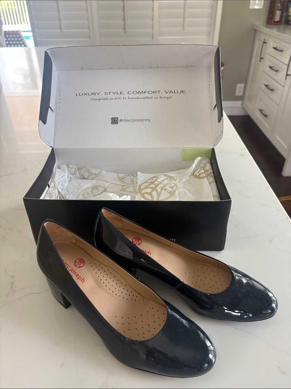 Marc Joseph Navy Patent Mid Block Heel Pumps